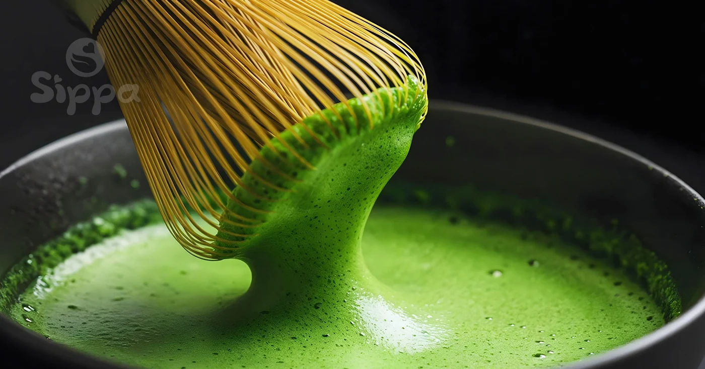 Vibrant green ceremonial matcha being whisked and stirred