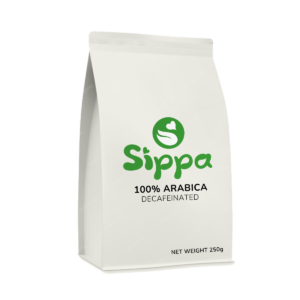 Sippa decaf. 100% Arabica dark roast coffee beans bag, locally roasted in Malaysia, available in 250g