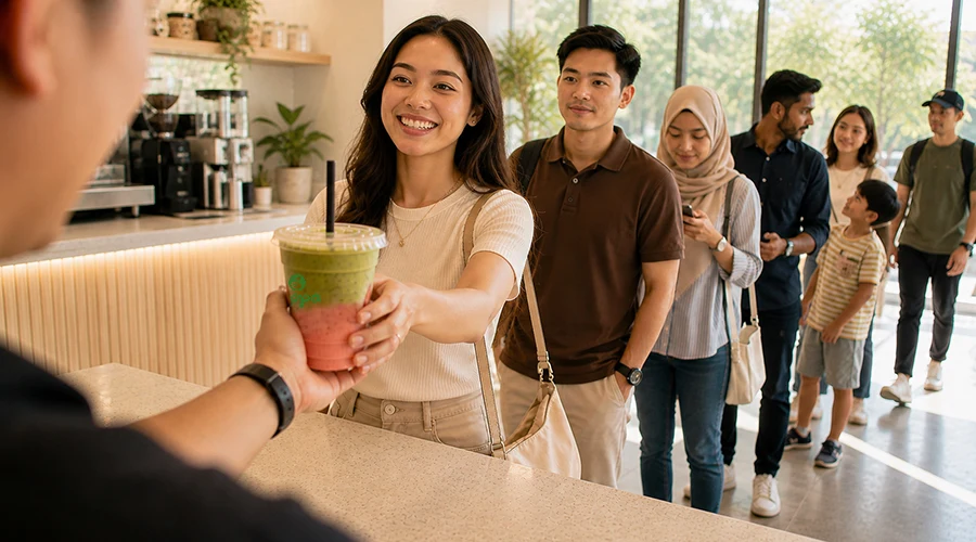 Customers queueing at café counter showing day one revenue potential