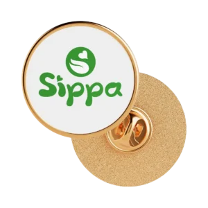 Sippa 30mm enamel logo pin with white enamel centre, available in gold and silver rim