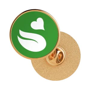 Sippa 30mm enamel swan motif pin, available in gold and silver rim